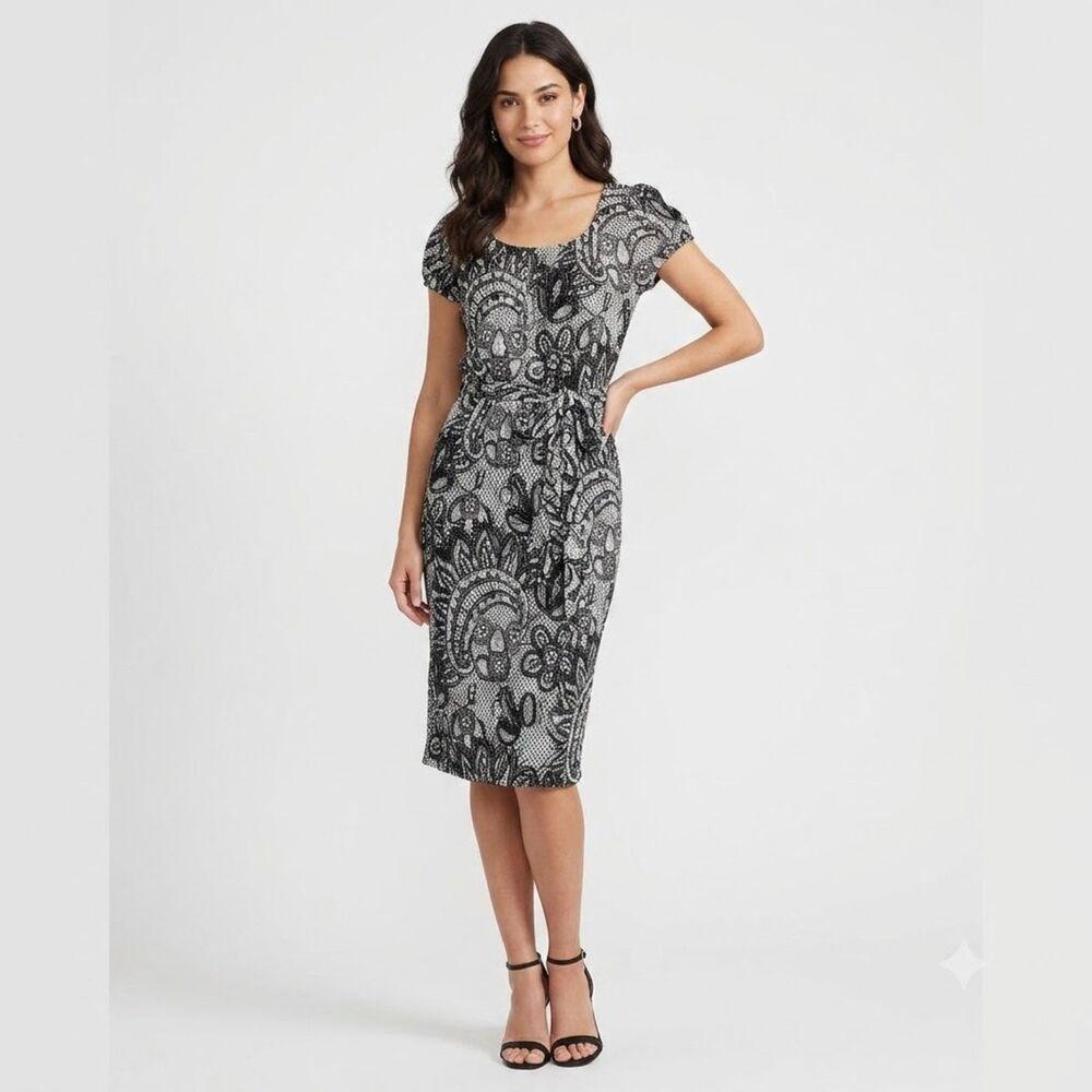 Calvin Klein Black White Dress Lace Print Small Belted Office Work Modest